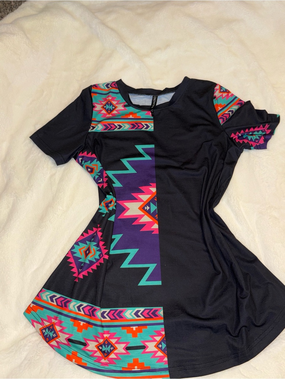 Crazy Train Black Short-Sleeve Tee with Vibrant Aztec Panels